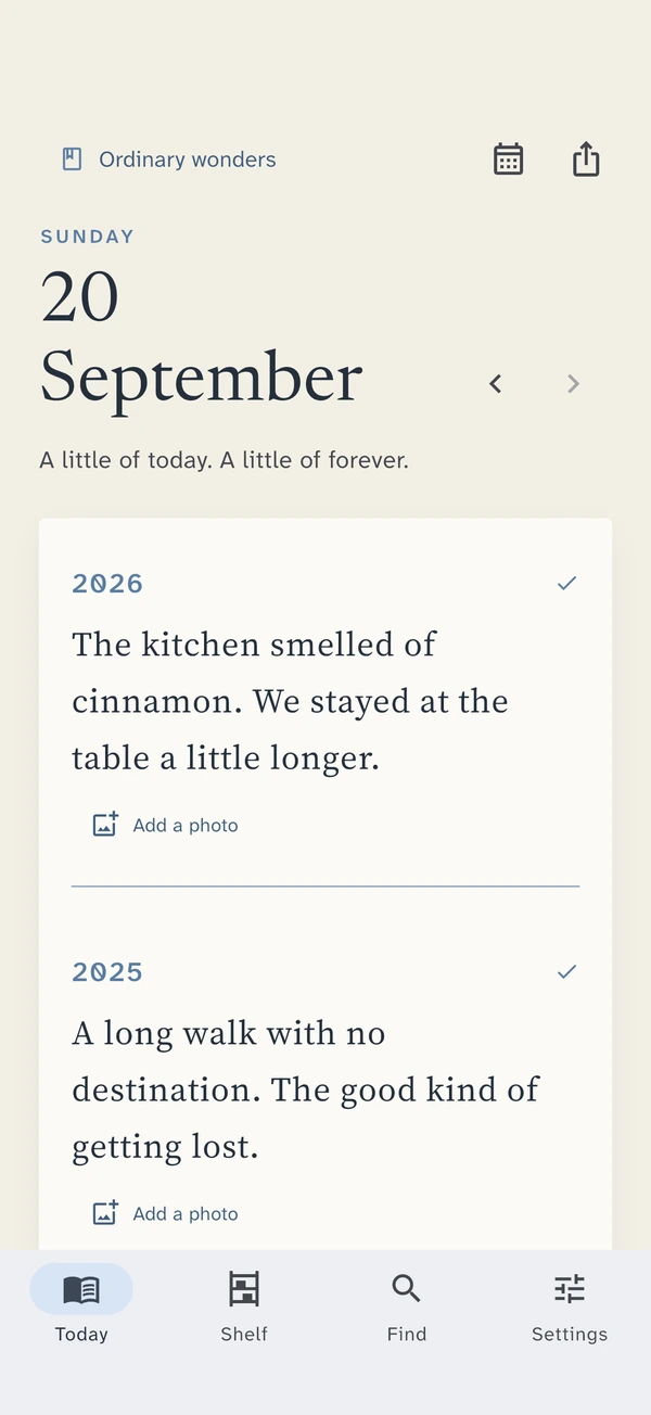 Yearshelf showing one calendar date with entries stacked by year